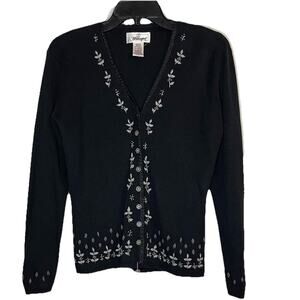Vintage Worthington Cardigan Black Embroidered Sweater Floral Leaf Women Small